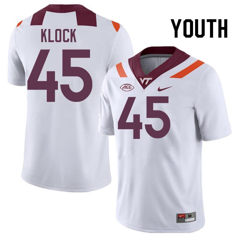 Youth #45 Elijah Klock Virginia Tech Hokies College Football Jerseys Stitched-White